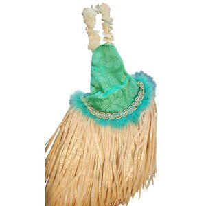 Wine Bottle Cover Green Hawaiian Hula Skirt Floral Top & Faux Grass Skirt For Wi